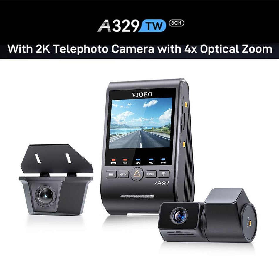 VIOFO A329TW 3CH 4K Front+2K Telephoto Camera+2K Waterproof Camera, Sony STARVIS 2 Sensor HDR, Support SSD Storage, Low Power Impact Detection, Hybrid Parking Recording